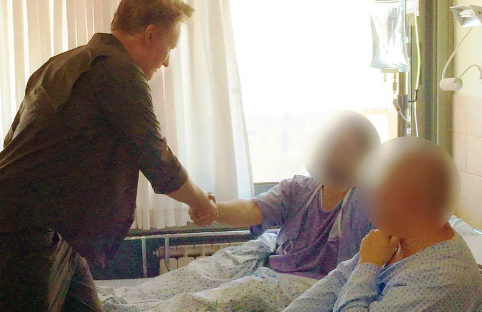 Conan O'Brien visiting Syrian patients at Ziv Medical Center in Safed, Israel. Photo via Facebook