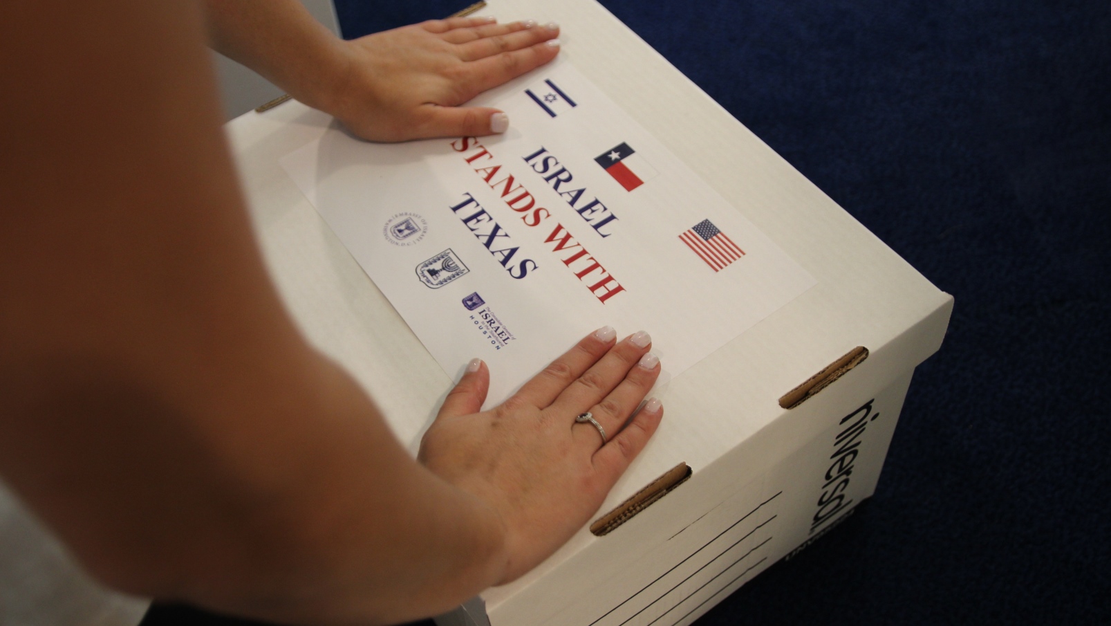 A box of supplies on its way to Texas from the Israeli Embassy in Washington, DC. Photo: courtesy