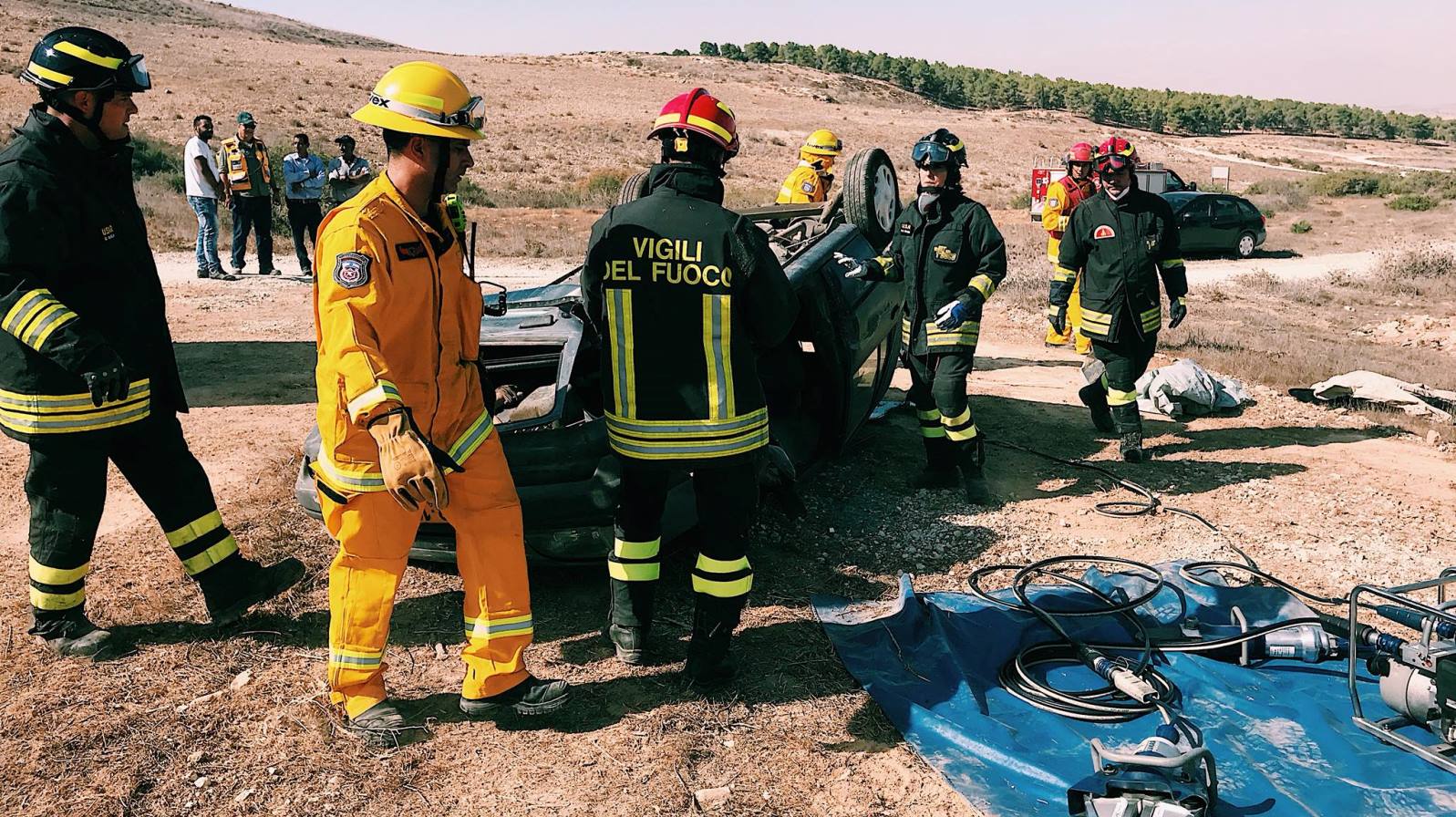 Firefighters from Jordan, Israel, the Palestinian Authority, Italy, France and Spain participating in a joint drill in Israel, October 24, 2017. Photo by Omer Shapira