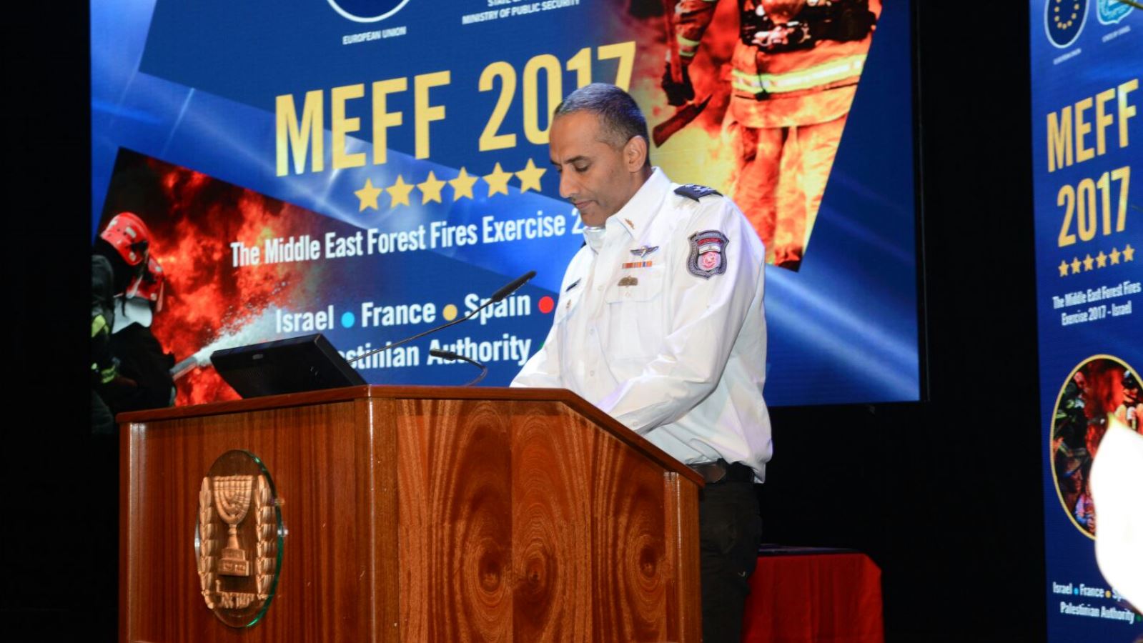 Israel Fire and Rescue Authority Fire Commissioner Lt. Gen. Dedi Simhi speaking at the joint Middle East Forest Fire drill. Photo: courtesy