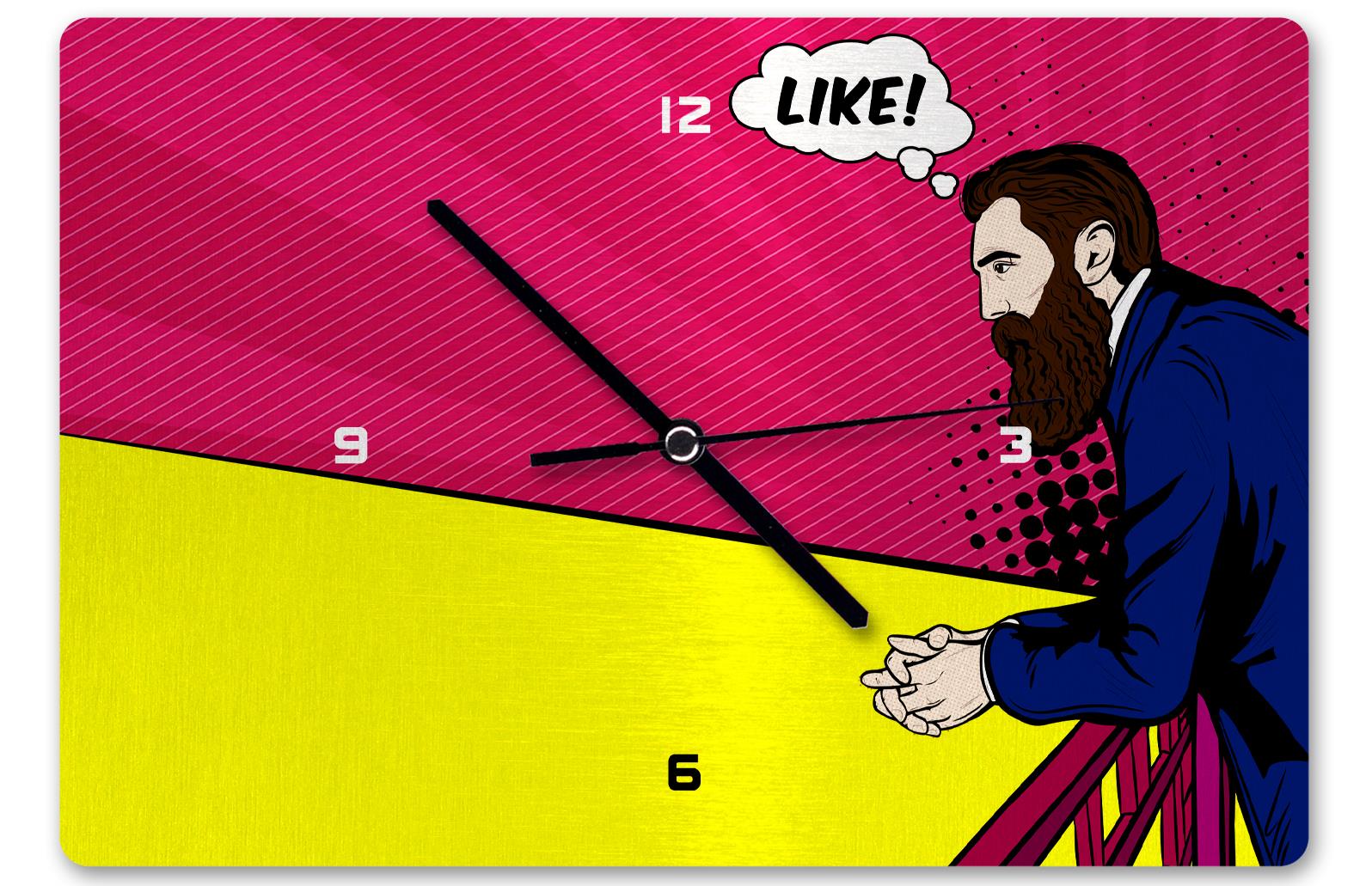 Ofek Wertman’s Herzl clock. Photo by Ofek Wertman A clock featuring an illustration of a Theodore Herzl leaning on a railing. The background is a pop-art style with pink and yellow areas, and a thought bubble representing Herzl's thoughts reads LIKE!.