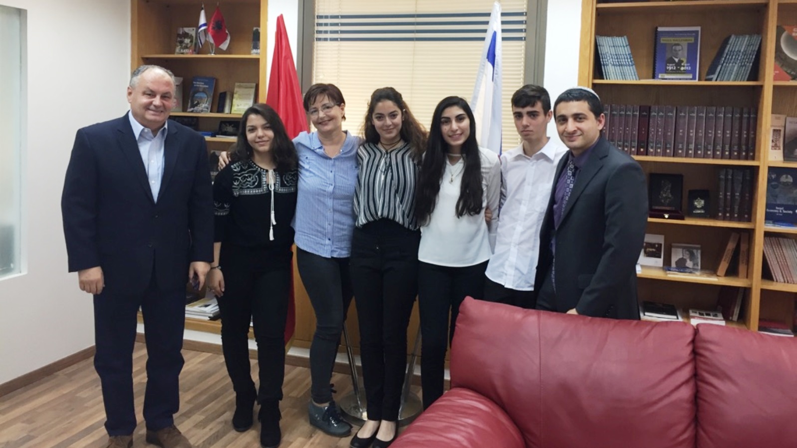 Alia Habib Allah, third from right, and other DfP students meeting the Ambassador of Albania to Israel before the delegation’s trip to Kosovo in November 2017. Photo: courtesy