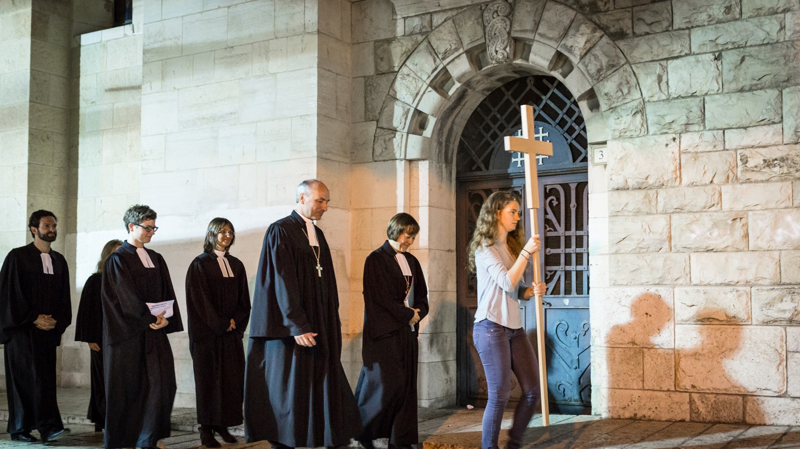 Lutheran clergymen leaving the Church of the Redeemer in Jerusalem after a Mass. Photo by Sebi Berens/FLASH90