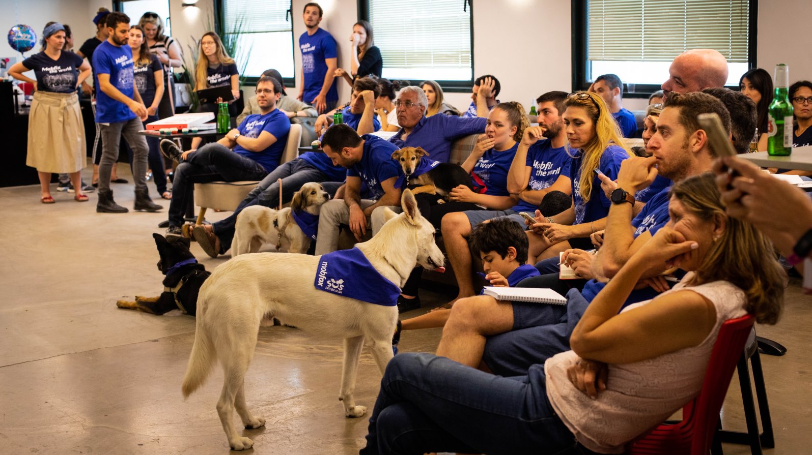 Mobfox employees and their dogs get ready for the “Mobfix the World” hackathon in Tel Aviv. Photo: courtesy