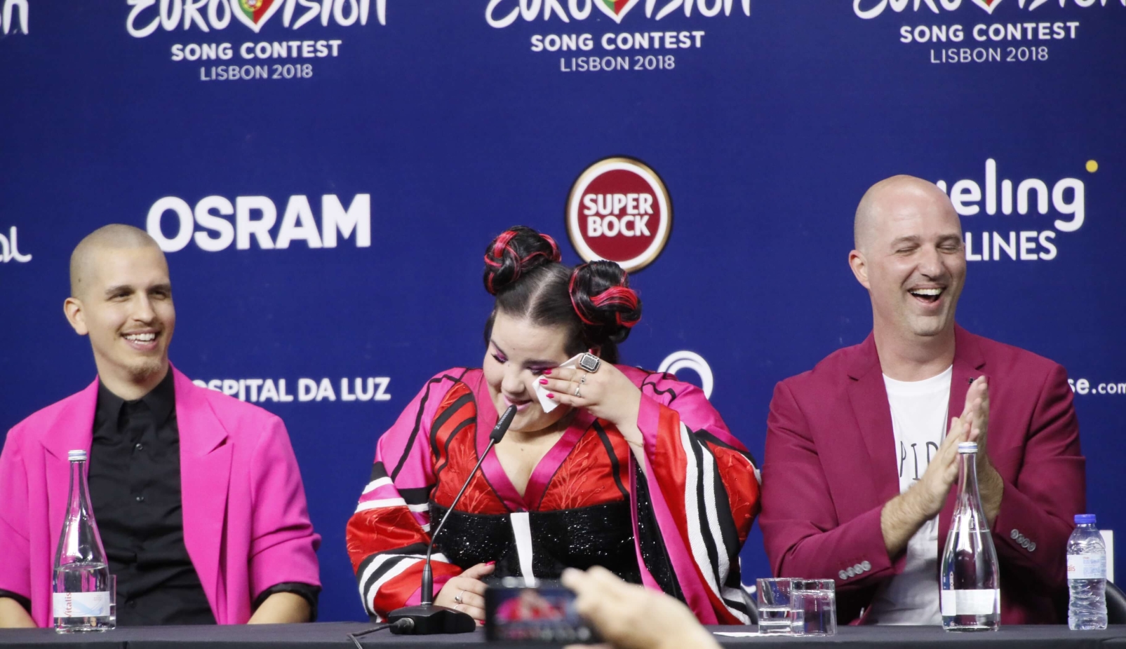Netta Barzilai in a teary moment at the Eurovision press conference after winning the 2018 song contest. Photo by Andres Putting/Eurovision