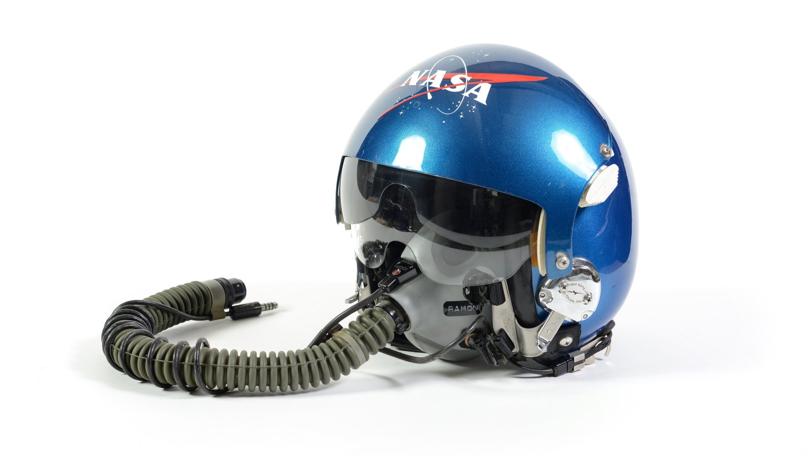 Astronaut Ilan Ramon’s training helmet, on loan from the Israel National Museum of Science, Technology, and Space-Madatech in Haifa, at “70 Years Old: Treasures of Israel`s Museums.” Photo by Shai Ben Efraim