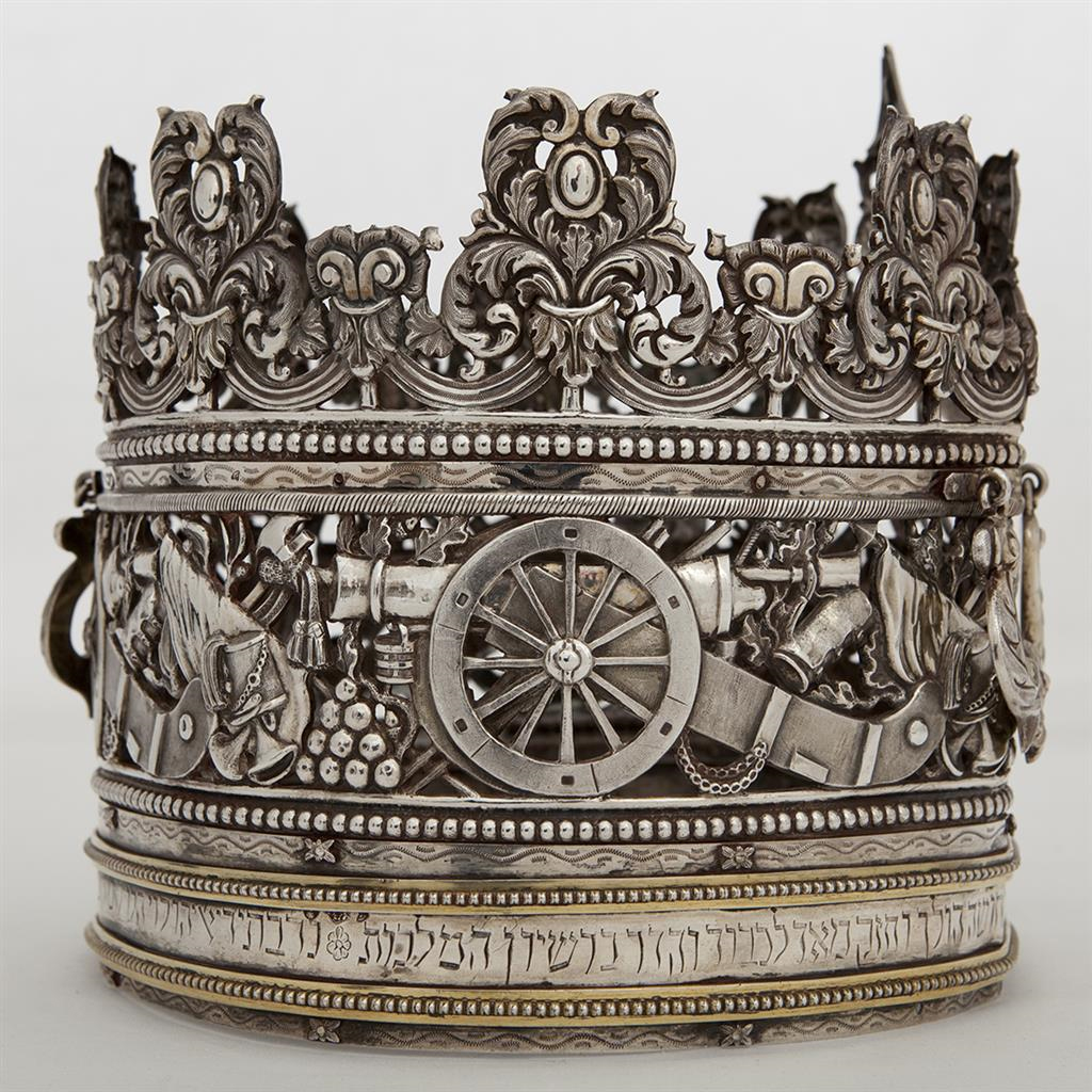 Torah crown with cannons from Alessandria, Italy (1849), from the Nahon Museum of Italian Jewish Art. Photo: courtesy