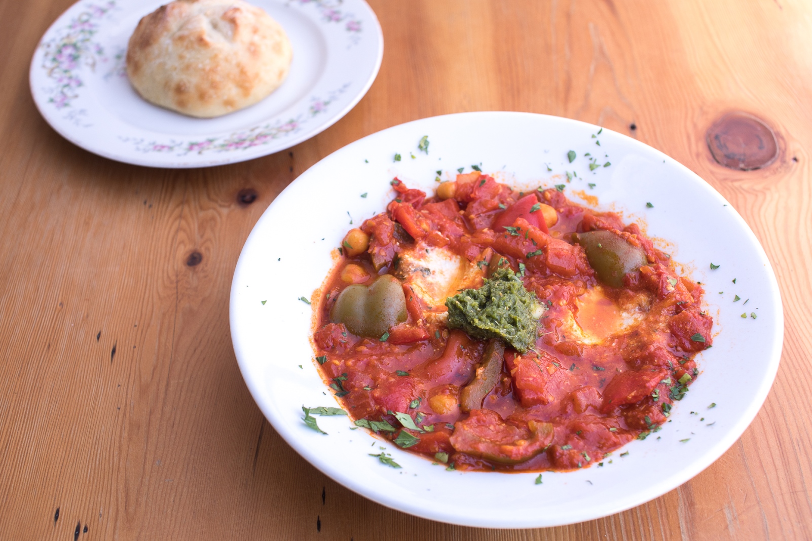 Vegan shakshuka on a plate at Aviv in Portland, Oregon. Photo: courtesy