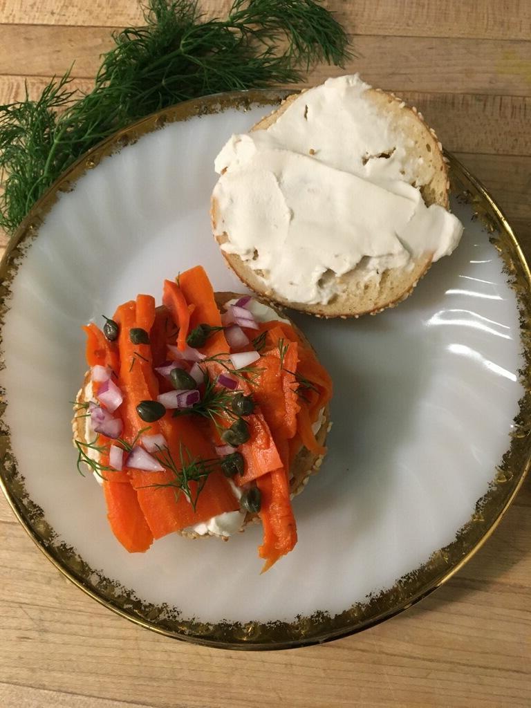 Smoked carrot fills in for lox on a bagel at Aviv in Portland, Oregon. Photo: courtesy