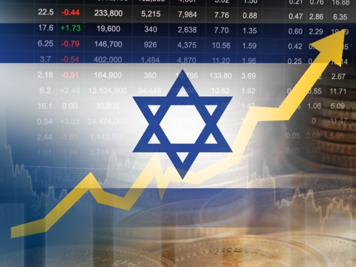 Artistic design featuring the Israel Flag, which has one white horizontal stripe between two blue horizontal stripes with a blue star of david in the middle. The illustration has numbers in the background and an arrow pointing up to represent increasing market sales.