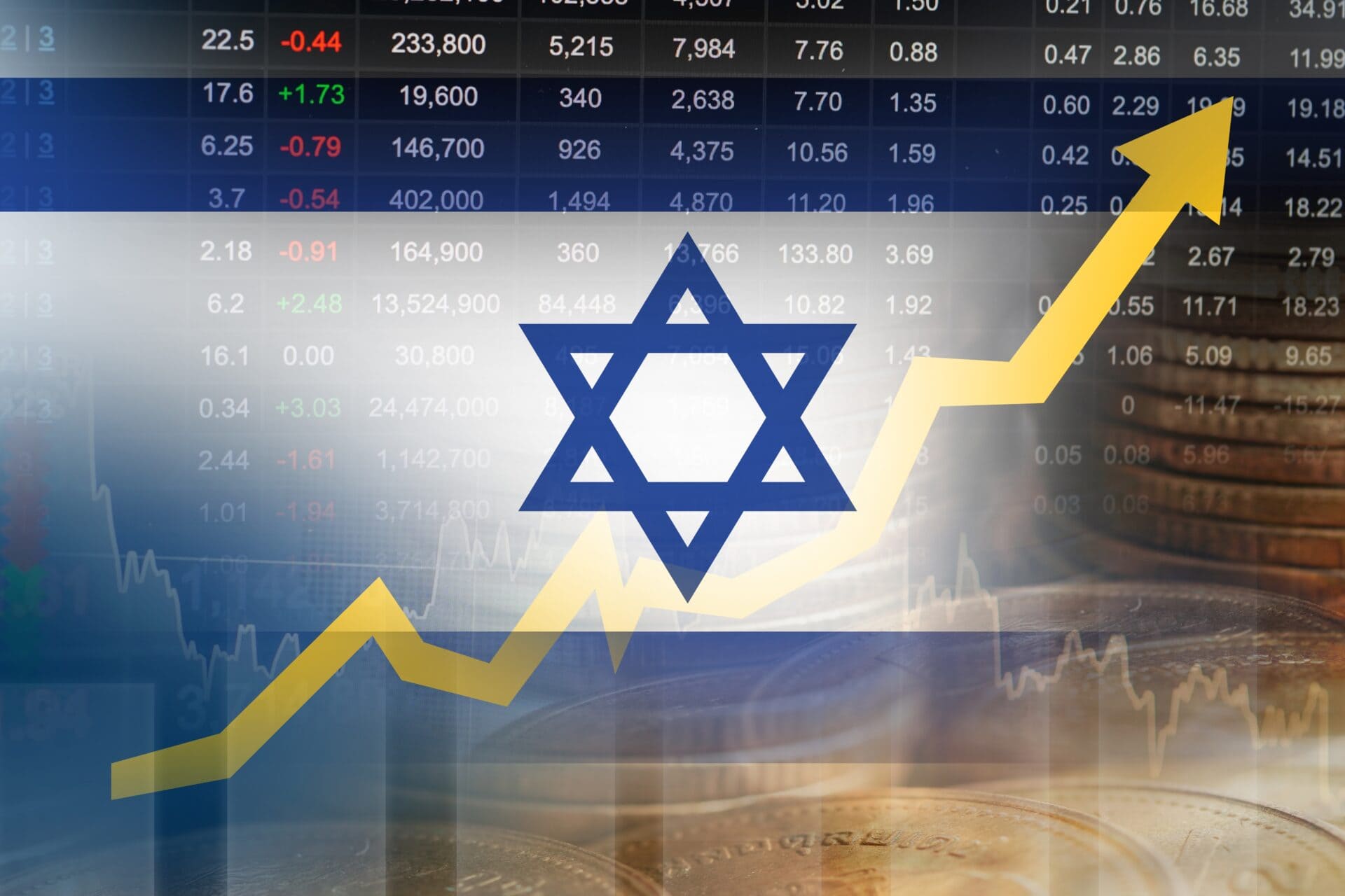 Artistic design featuring the Israel Flag, which has one white horizontal stripe between two blue horizontal stripes with a blue star of david in the middle. The illustration has numbers in the background and an arrow pointing up to represent increasing market sales.