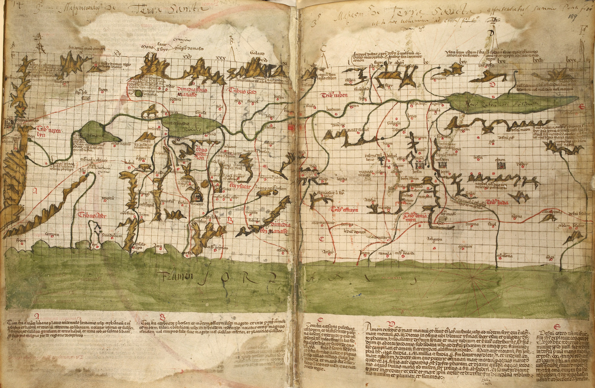 Map of the Holy Land by Marino Sanudo (1320). Map orientation: north pointing left. Image courtesy of the British Library via Wikipedia