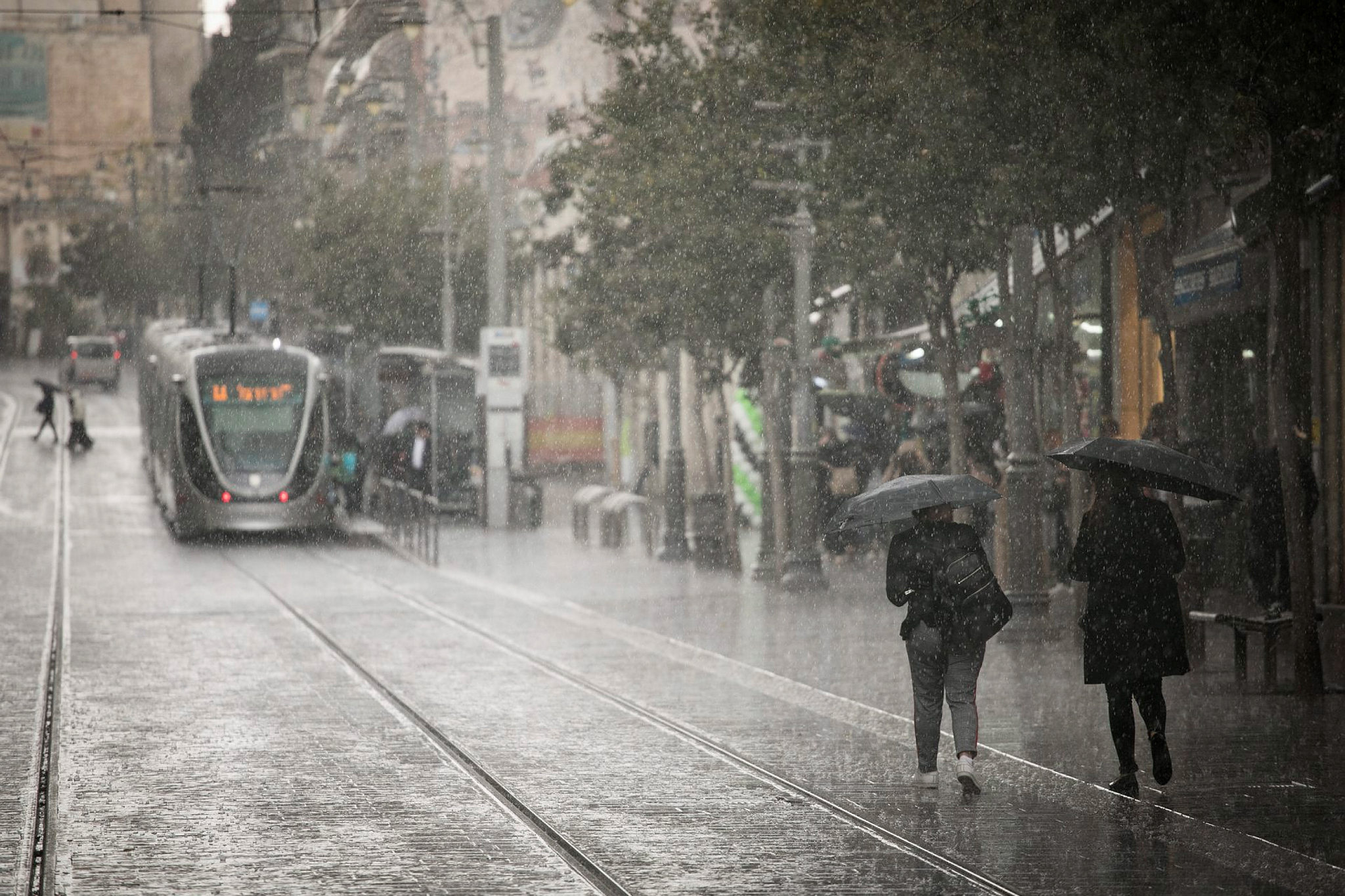 People hold umbrellas to protect themselves from the rain in Jaffa Street in Jerusalem, November 2018. Photo by Yonatan Sindel/Flash90
