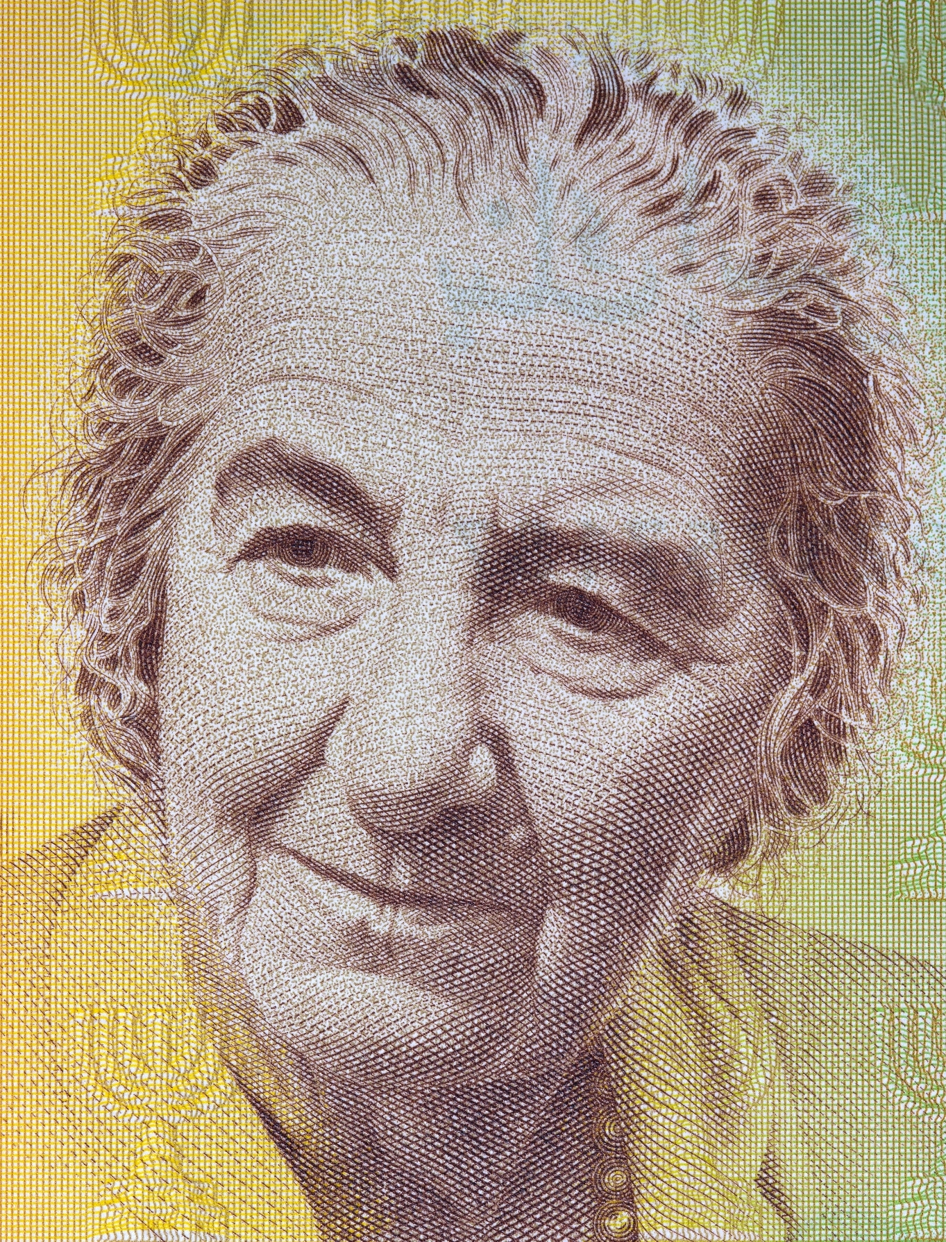 A detailed illustration of Golda Meir with short, wavy hair and a gentle expression. The image appears on a textured background since it is a close up of the Israeli shekel bill, with intricate patterns, resembling a design typically found on currency or a historical document.