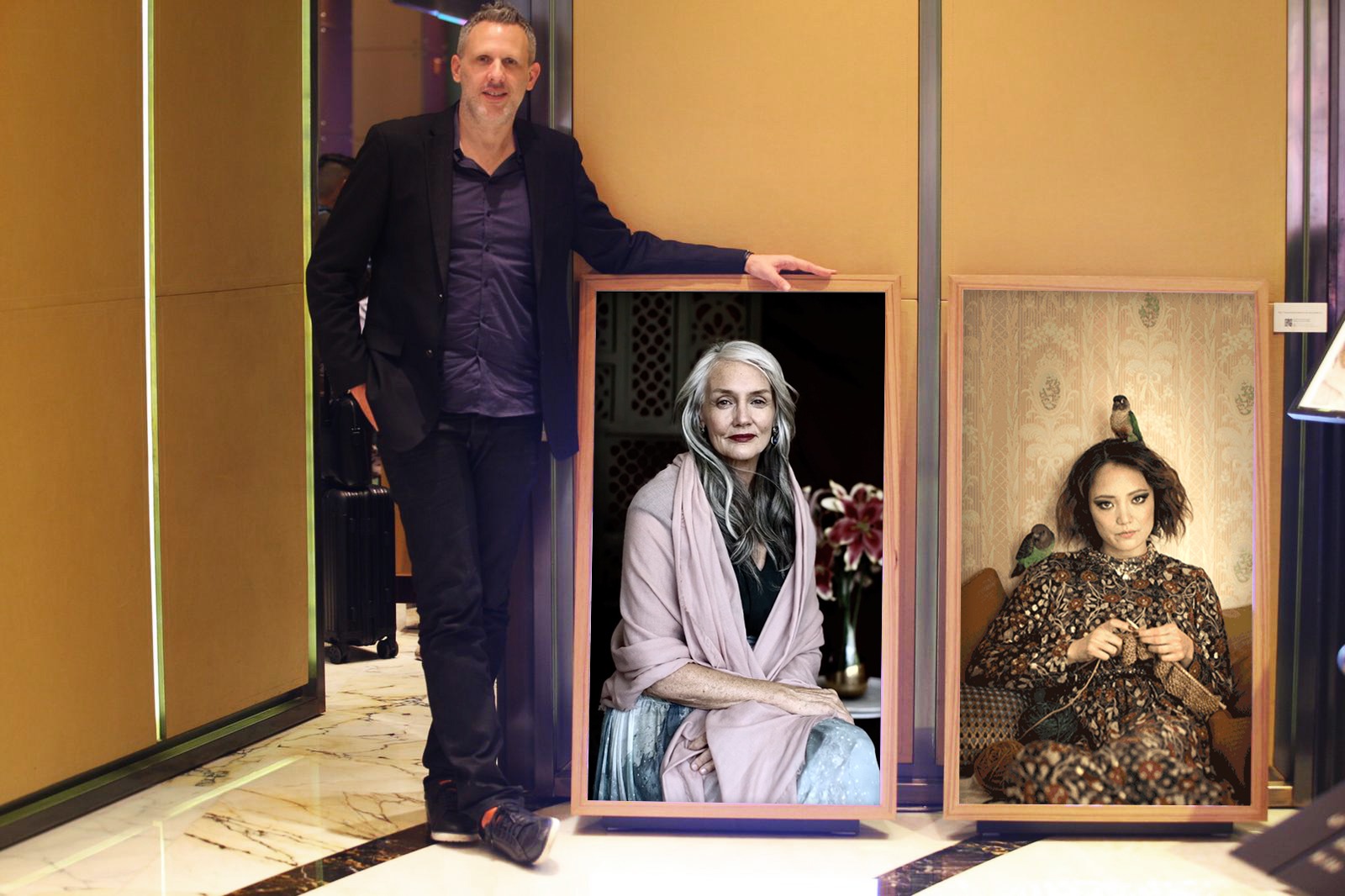 Rob Anders, CEO of Niio, at the Landmark Mandarin Oriental Hotel lobby with digital artwork by Braden Summers. Photo: courtesy