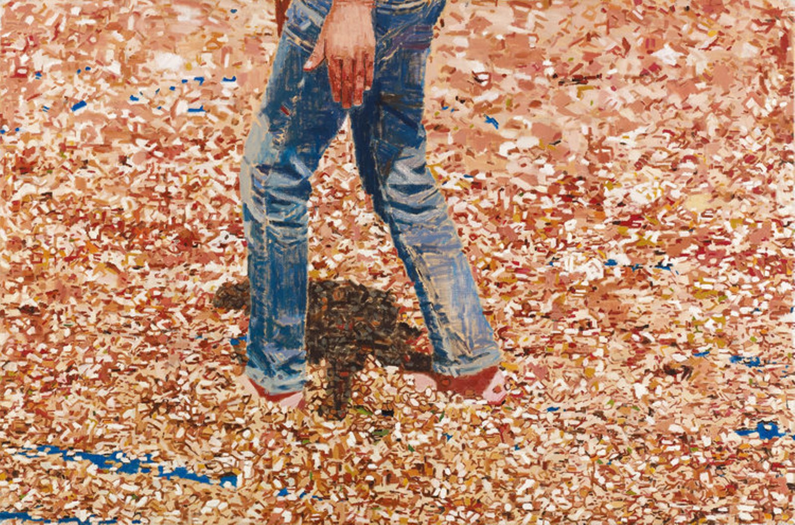 Painting of a person in jeans and barefoot standing on a surface covered with thousands of tiny empty shells of watermelon seeds scattered and piled around. The perspective of the painting is from behind, with one hand visible. The shadow of their hand is cast on the ground, adding a textural element.