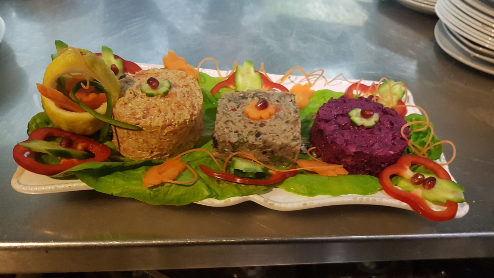 A trio of pkhali (vegetable patés with walnuts) at Georgia restaurant in Haifa. Photo: courtesy