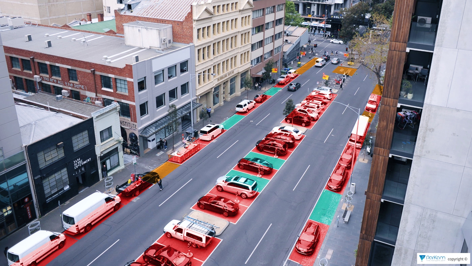 A simulation of Parkam’s app showing available parking spaces in Melbourne. Photo: courtesy
