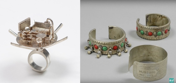 At left, Inbar Shahak’s contemporary “House” ring, 3D printed and cast in sterling silver. At right,traditional Bedouin jewelry by Hussein and Mansour Awad of the Jabaliya tribe of the Sinai Desert. Image courtesy of the Museum for Islamic Art, Jerusalem.