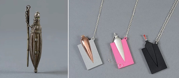 In “Le MaritAyin,” Anat Grozovski-Aboucaya played with the both the shape and concept of this 19th century Yemenite silver filigree kohl bottle, as the cosmetic was also thought to ward off evil. Images courtesy of the Museum for Islamic Art, Jerusalem