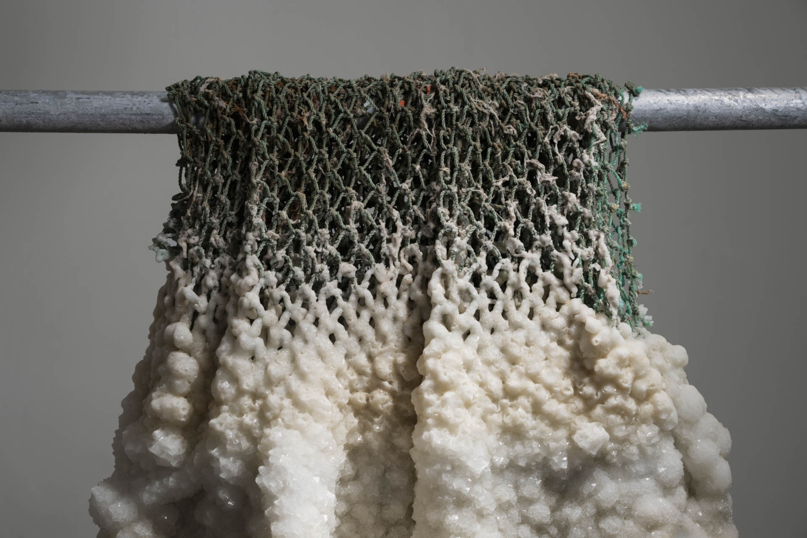 “Net green,” 2017: A fishing net coated in salt crystals. Photo by Yotam From, ©Sigalit Landau, 2019
