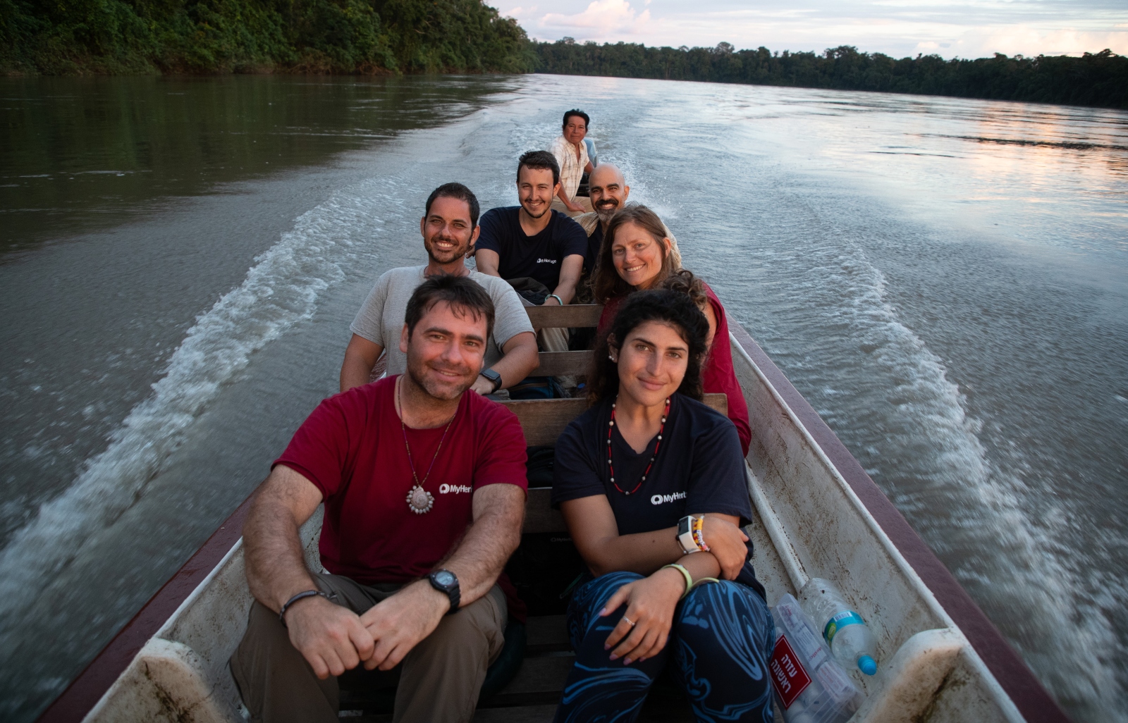 The MyHeritage team in a canoe ride on the way to Sharamenza, Ecuador. Photo courtesy of MyHeritage
