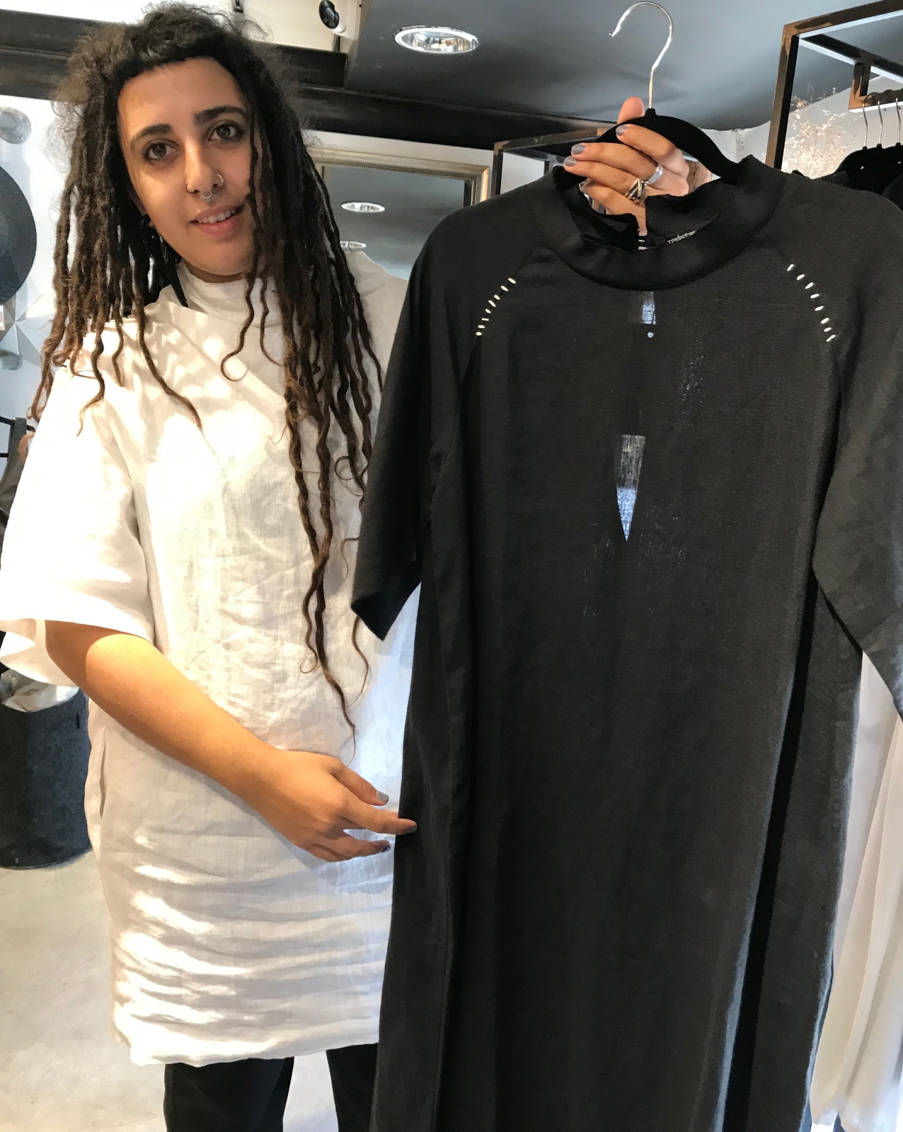 Yarden Moshe with pieces from her Jahta wear collection, made of handwoven sustainable fabrics in India and inspired by Israel’s people and landscapes. Photo by Abigail Klein Leichman