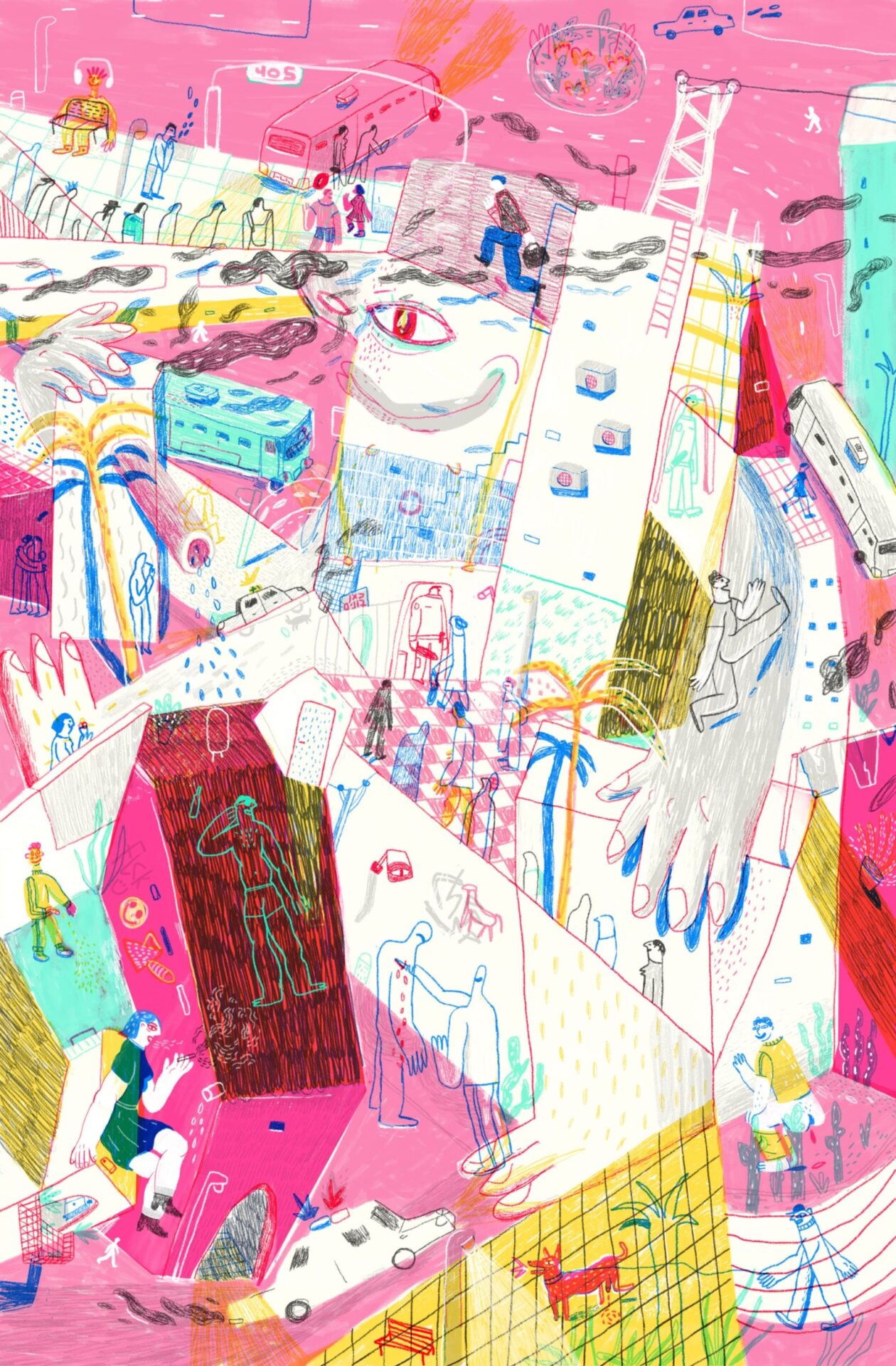 Sergei Yitzhakov’s illustration is part of the “White Elephant” exhibit set up in movie poster light boxes in the abandoned first-floor movie theater of the Tel Aviv New Central Bus Station, 108 Levinsky Street. Photo: courtesy