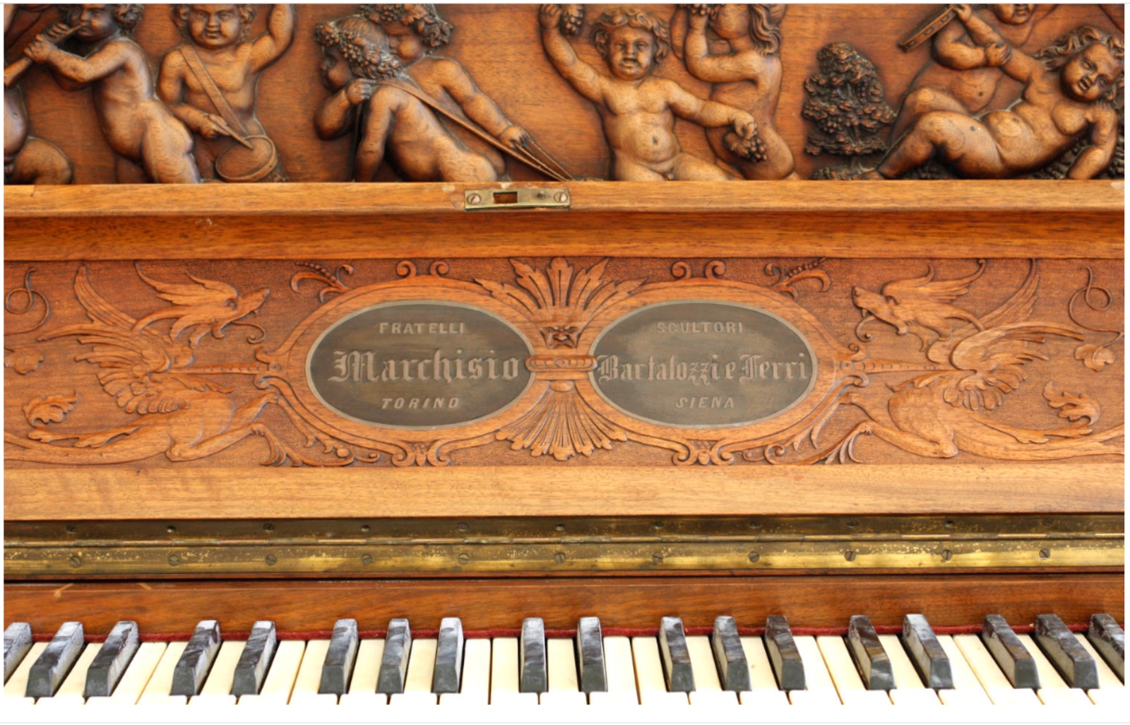 A close-up of the Immortal Piano made in Italy of Lebanon cedarwood.Photo courtesy of Winner’s Auction House