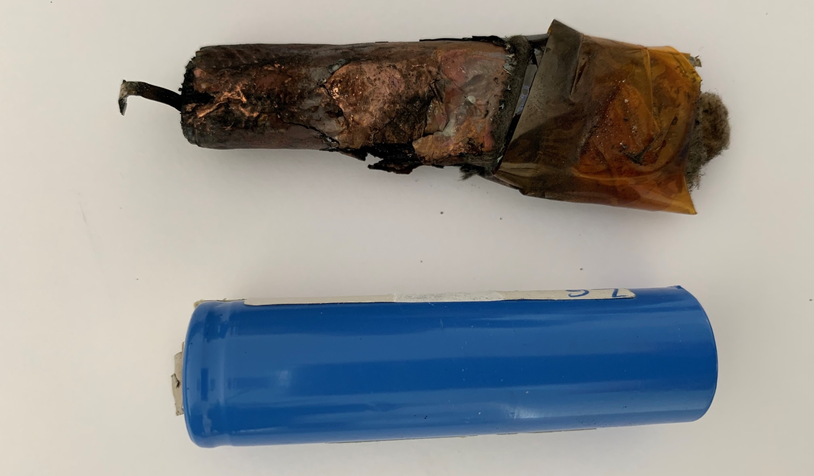 A lithium-ion battery before and after blowing up. Photo courtesy of ALGOLiON