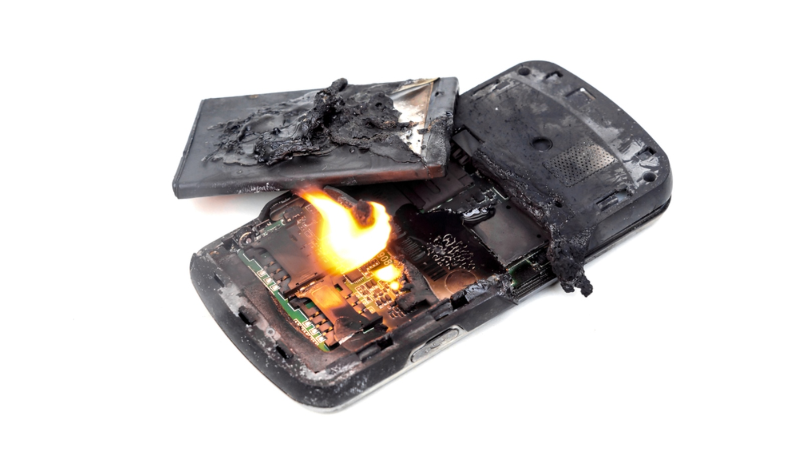 A smartphone battery catches fire. Photo via Shutterstock.com