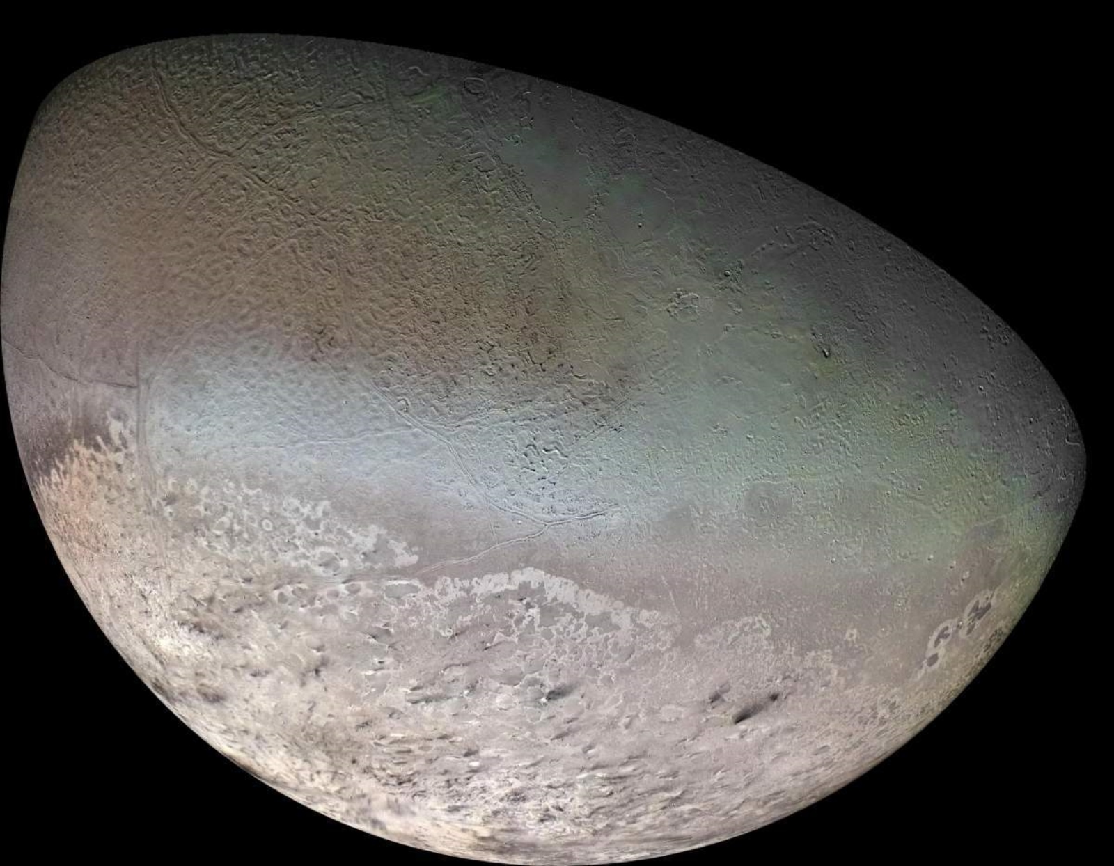 Neptune’s moon Triton, photographed during the Voyager flyby. Image courtesy of NASA
