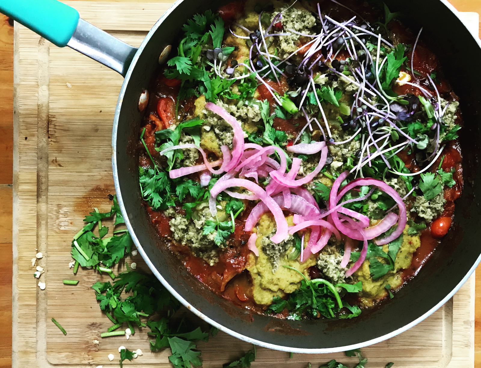 Plant-based shakshuka with a chickpea-flour “omelet.”Photo courtesy of Maayan Ora