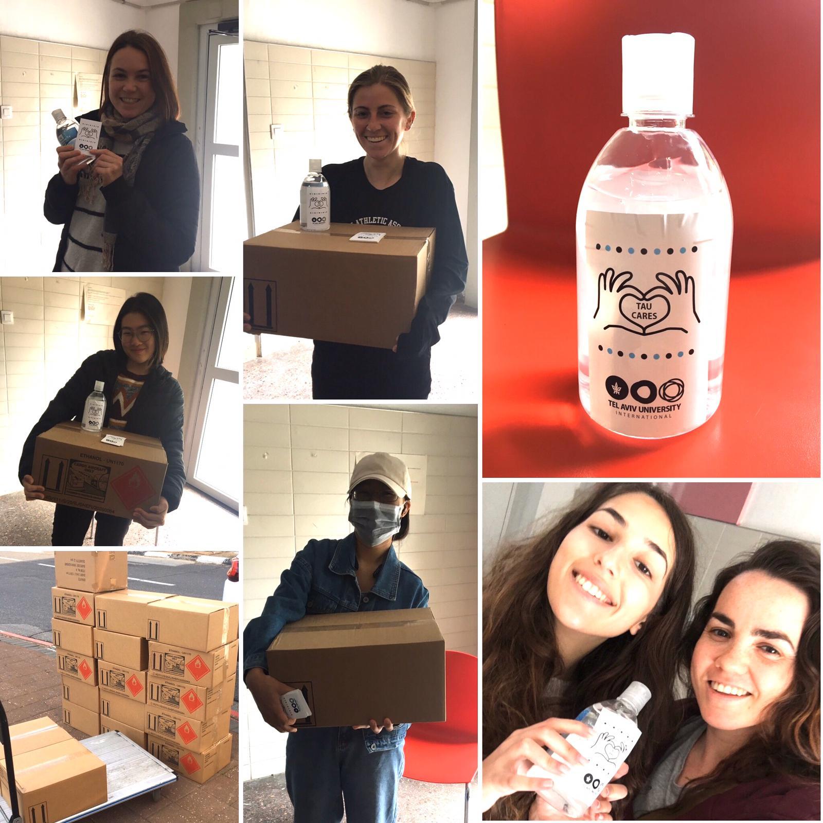 International students at Tel Aviv University received alcogel bottles with “TAU Cares” stickers. Photo: courtesy