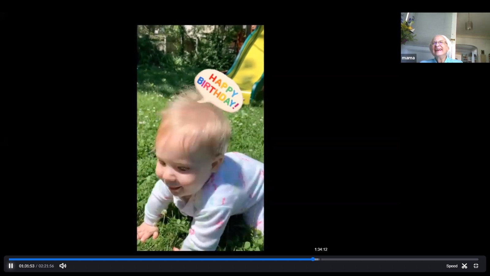 One of Mama’s many great-grandchildren stealing the show during her virtual party. Screenshot via Zoom