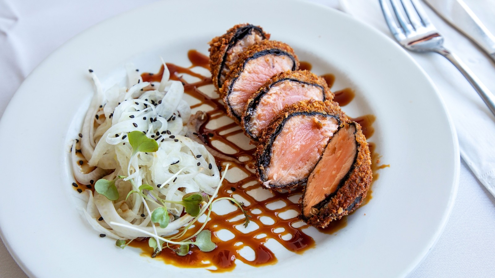 Salmon roll with pickled fennel at Uri Buri. Photo by Sarit Goffen courtesy of Xhibition PR