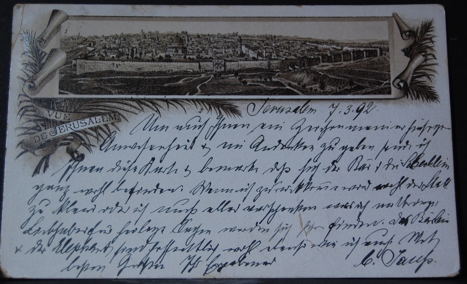 A postcard sent from Palestine in 1892. Image courtesy of Hebrew University