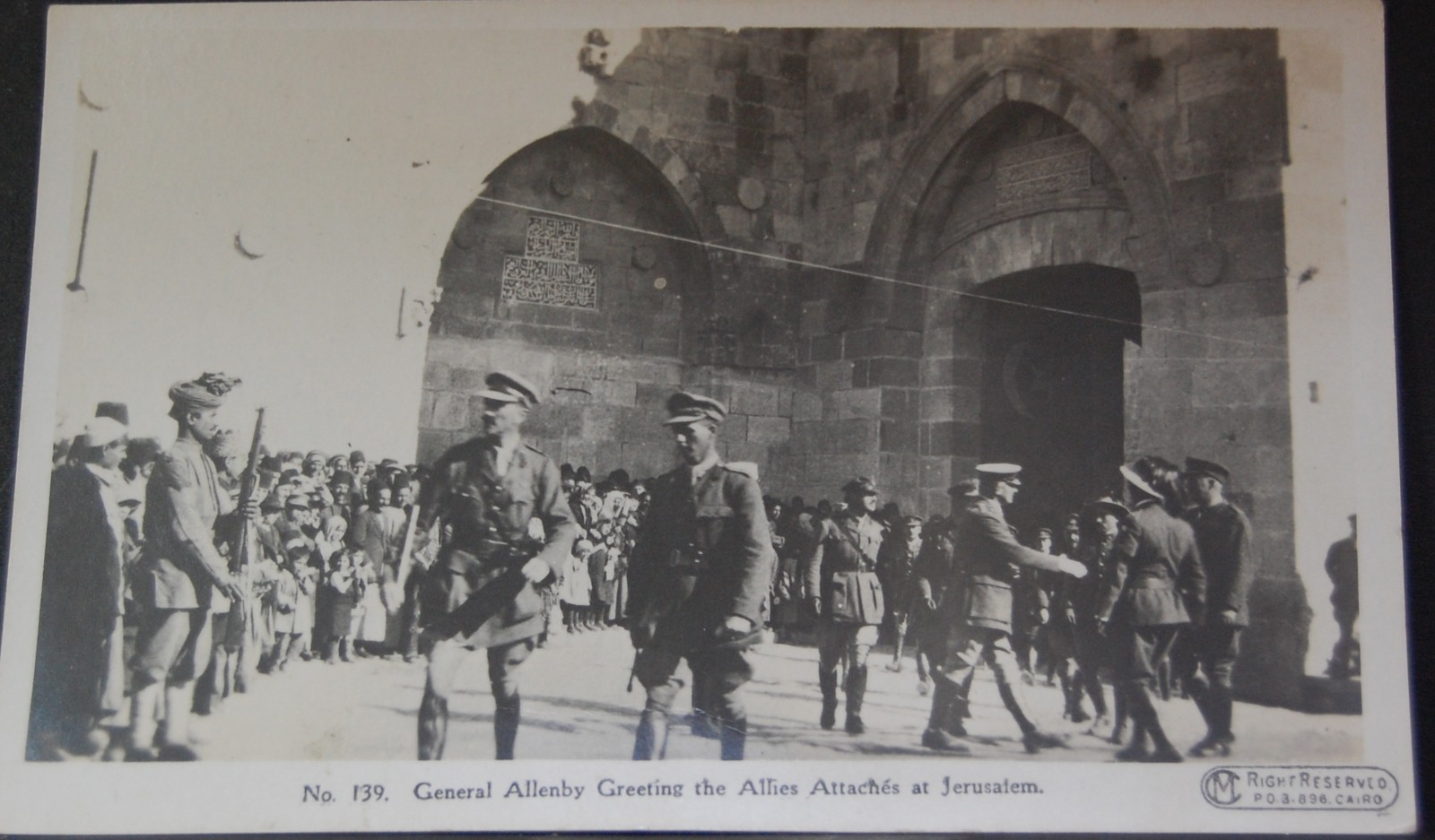 This postcard shows General Allenby greeting Allied attaches in Jerusalem in 1917. Image courtesy of Hebrew University