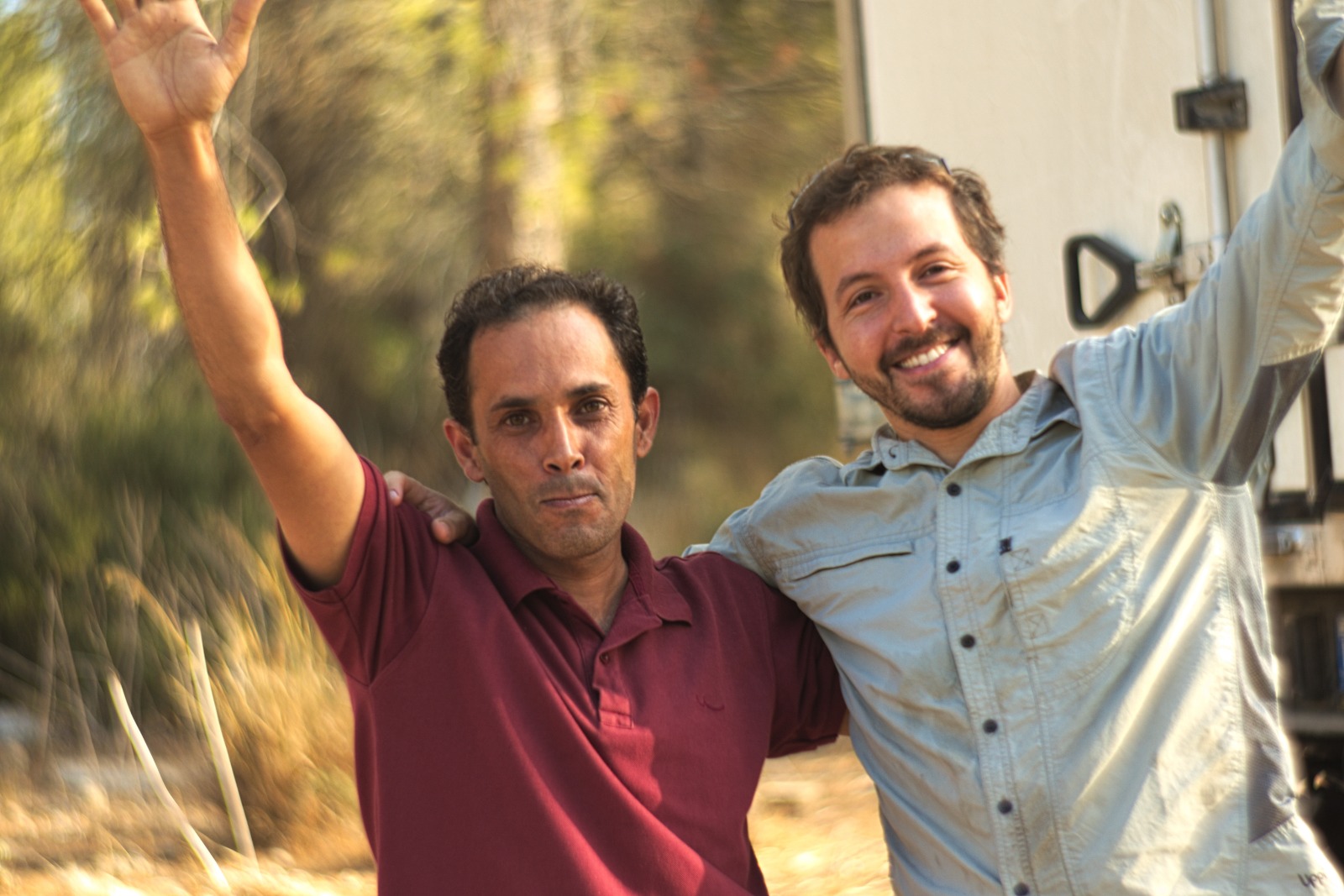 Weizmann researchers Rafat Qubaja and Rafael Stern installing their mobile system to measure energy, carbon, and water in Nehusha Forest. Photo by Jonathan Muller
