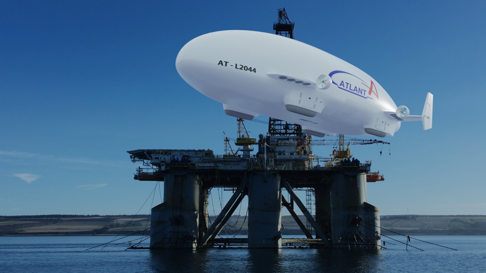 Simulation of an ATLANT cargo airship delivering supplies to an oil rig. Image courtesy of Atlas LTA
