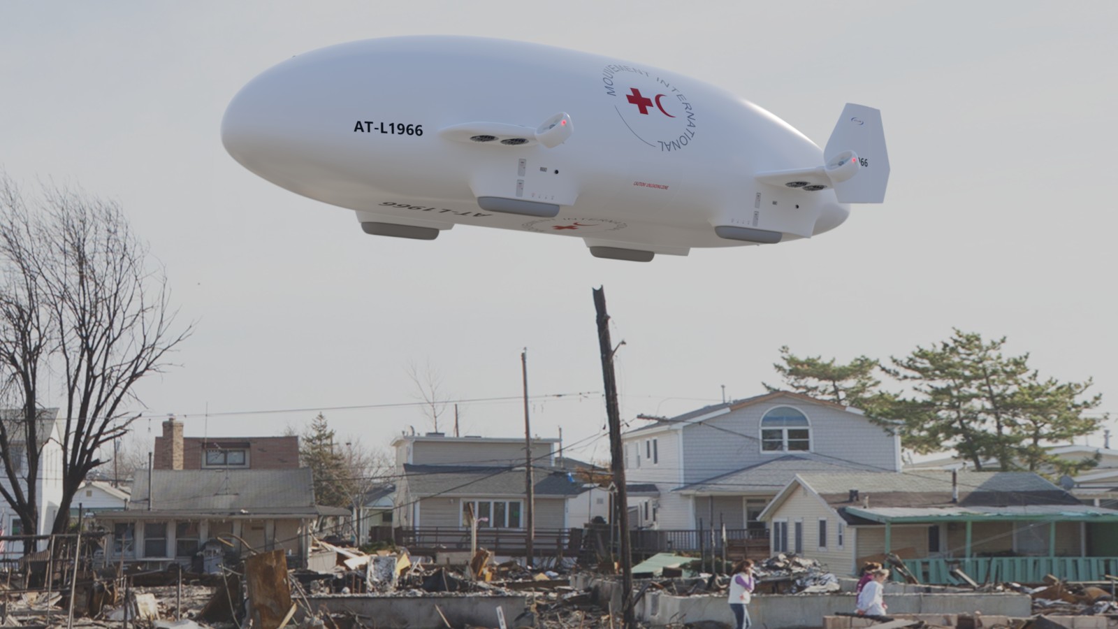 Simulation of an ATLANT cargo airship at a disaster site. Image courtesy of Atlas LTA