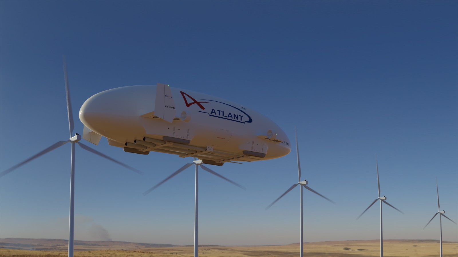Simulation of an ATLANT cargo airship over a wind farm. Image courtesy of Atlas LTA