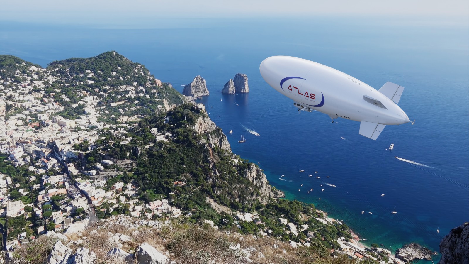 Simulation of an Atlas 11 sightseeing airship over Capri. Image courtesy of Atlas LTA