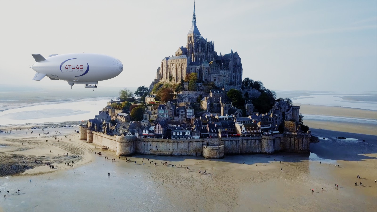 Simulation of an Atlas 11 airship of Mont Saint-Michel, France. Image courtesy of Atlas LTA