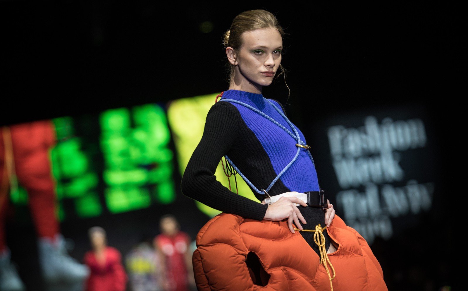 Israeli transgender model Stav Strashko on the catwalk during a display of creations designed by Shenkar designers at Tel Aviv Fashion Week 2019. Photo by Hadas Parush/FLASH90