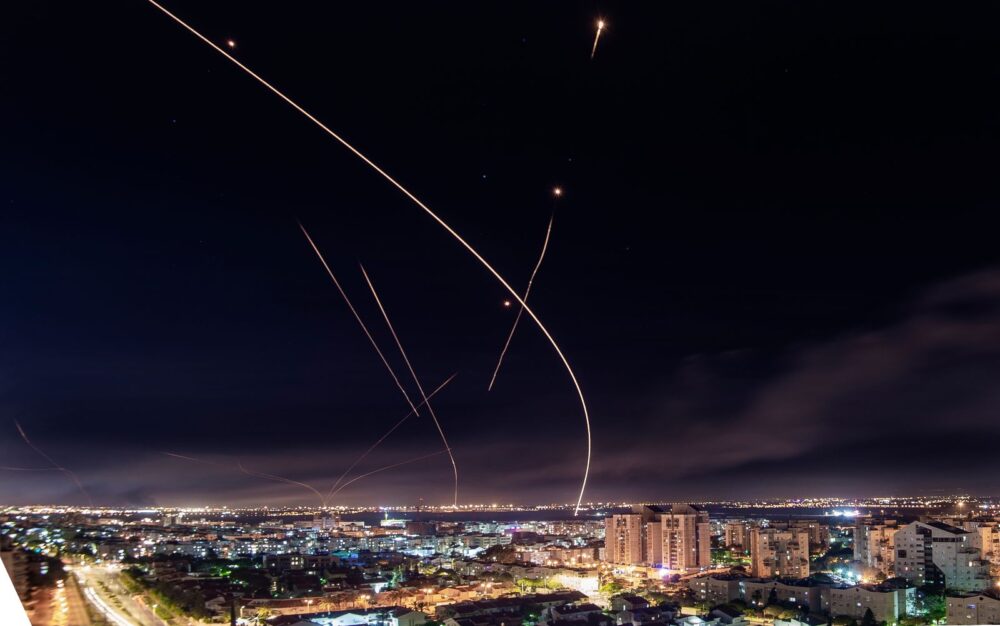 A long exposure picture shows Iron Dome in action over the southern Israeli city of Ashkelon on May 16, 2021. Photo by Avi Roccah/Flash90