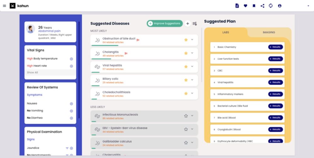 Kahun physician interface shows potential diagnoses and suggested follow-up tests.