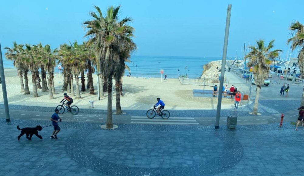 Cyclists and dog walkers on the Tel Aviv-Yafo promenade next to Gordon Beach. Photo by Abigail Klein Leichman