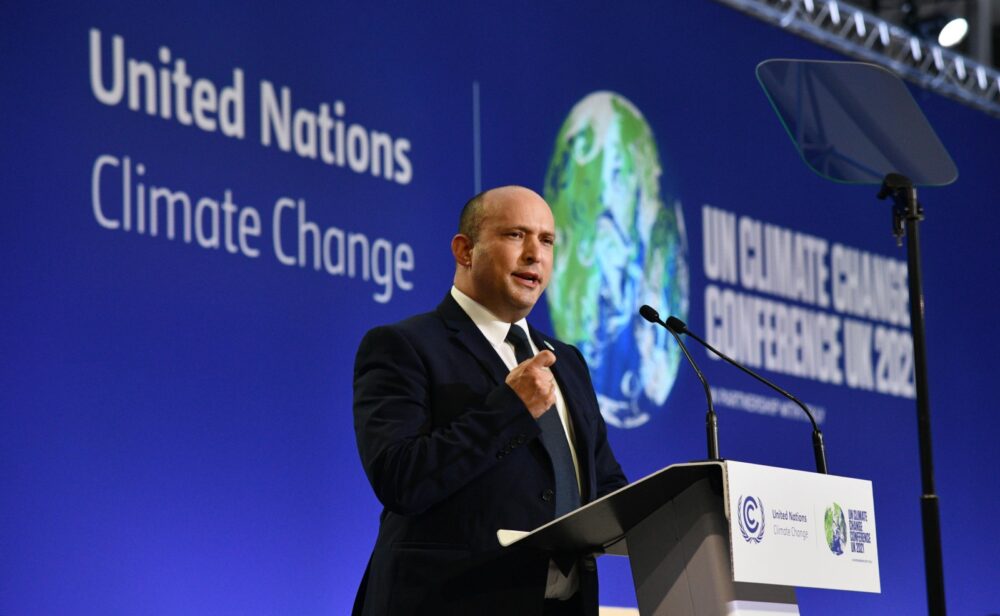 Israeli Prime Minister Naftali Bennett speaks at the 2021 United Nations Climate Change Conference in Glasgow, November 1, 2021. Photo by Haim Zach/GPO