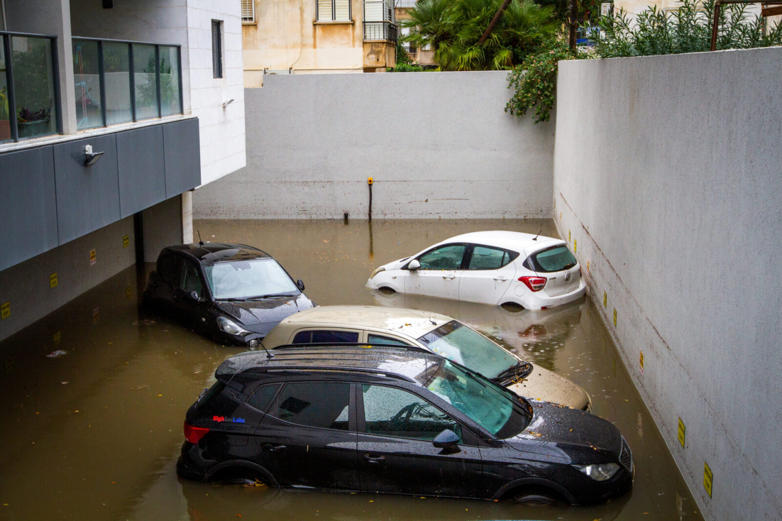 View of a parking lot that was flooded following heavy rainfall in Netanya, on November 20, 2021. Photo by Flash90